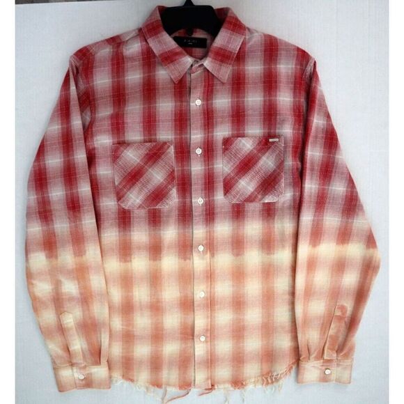 AMIRI Men's Sz L Red/Orange Distressed Ombré Plaid Button-Down L/S Shirt - Picture 11 of 13